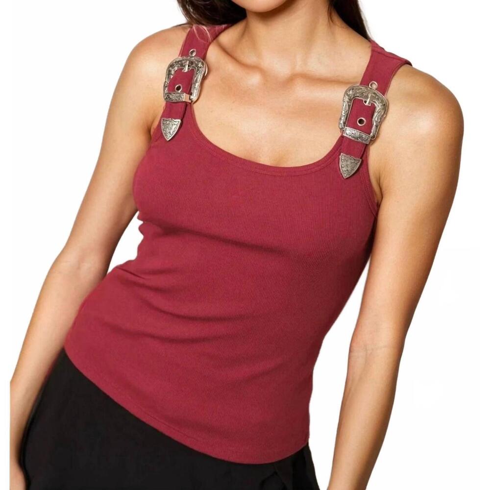 NEW PRETTY GARBAGE buckle tank top in burgundy